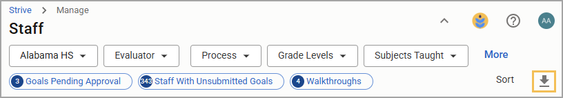 Staff management interface showing filters and the Download Filtered Staff button.